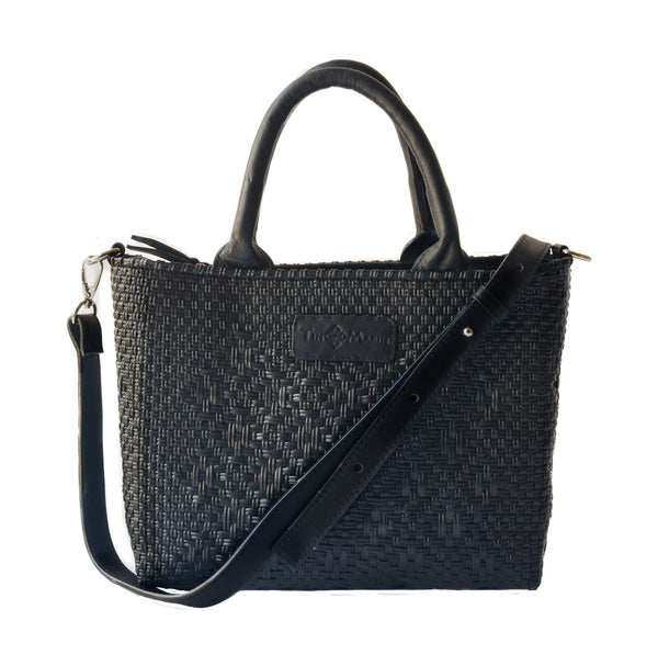 Small Woven Crossbody, Black Leather