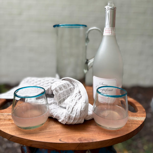 Stemless Wine Glasses, Aqua Rim